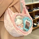 SHOPMOCHO Pink Cute Womens Shoulder Bag Pleated Love Heart Lolita Jk Ita Bag Drawstring Ballet Style Sweet Fashion Female Handbag