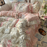 SHOPMOCHO 3/4Pcs Korean Princess Style Floral Ruffles Bedding Set Skin-friendly Soft Duvet Cover Set Bed Sheet Or Bed Skirt Pillowcases