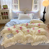 Shopmocho Korean Style Bedding Sets 2025 Pink Grid Bow Quilt Cover Romantic Bed Sheet Sets Woman Girls Bedroom Duvet Cover 4pcs