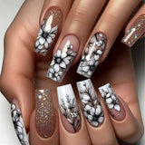 Shopmocho 24Pcs Brown Long Coffin False Nails Glitter Ballet Wearable with French Design Fake nails Full Press on Nail Ins Nail Tips Art