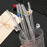 Shopmocho 5Pcs 8mm Glass Straw Reusable Drinking Straws Cute Flower Heat-Resistant Straw For Festival Party Wedding Cocktail Bar Beachs