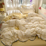 SHOPMOCHO Ruffles Bedding Set Floral Style Duvet Cover Pillowcase with Bedsheet Skin-friendly Bed Linen Set Girls Room Bedclothes