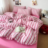 SHOPMOCHO 3pcs Simple Pink Striped Duvet Cover Set with 2 Pillowcases Soft Washed Cotton Bedding Set For Girls 150x200cm Bedroom Decor
