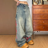 SHOPMOCHO Autumn And Winter Korean Fashion Women'S Straight Leg Jeans With Side Stripes Wide Leg Pants Casual Pants Blue Jeans