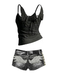 SHOPMOCHO Y2K Hot Girl Angel Wings Embroidered Vest Denim Shorts Suit Retro Sexy Shorts Subculture Punk Rivet Design Low-Waisted Pants