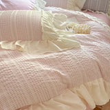 Shopmocho Pink Korean Princess Style Lace Ruffles Bedding Set Skin-friendly Seersucker Duvet Cover Set Fitted Sheet/Bed Sheet Pillowcases
