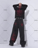 SHOPMOCHO New National Tide Couples American Raw Edge Stone Mill Washed Jeans Y2K Gothic Punk Style Loose Straight Tube Make Old Trousers