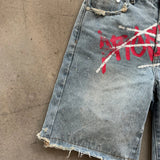 SHOPMOCHO Y2K Graffiti Jorts Rhinestone Distressed Printed Denim Shorts Men Women Trend Retro Hip Hop Streetwear Unisex Baggy Short Pants