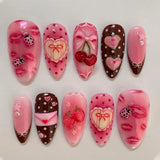 Shopmocho 24PCS Wine Red Almond Press on Nails Cartoon Rabbit Bowknot with Plaid Pearl Designs French Fake Nails for Girls Detachable Nail