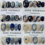 SHOPMOCHO 10Pcs Short Handmade Press On Nails Cute Glisten Cat Eye Gild Diamond Hand-Painted Flower Wearable Full Cover False Nails