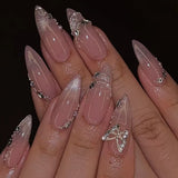 SHOPMOCHO 24Pcs Pink Almond False Nails Butterfly Ballet with French Design Wearable Fake Nails Simple Artificial Press on Nails Tips Art