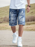 SHOPMOCHO Men's Casual Spring/Summer Denim Shorts - Distressed Denim Shorts with Frayed Edges and Patchwork Details, Fashionable Street-St