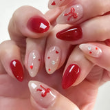 Shopmocho 24pcs Sweet False Nail Patches Detachable Fake Nail Tips With Bowknots Love Heart Pearl Design Pink Almond Korean Press On Nail