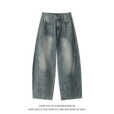 SHOPMOCHO Plus Size Men's Curved Denim Jeans Retro High Street Washed Splice Loose Floor-Length Baggy Streetwear Trousers