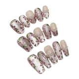 SHOPMOCHO 10pcs Handmade Press On Nails Hand-painted Flower Glossy Purple Cat's Eye False Nails Pearl Decor French Style Spring Fake Nail