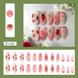 SHOPMOCHO 24pcs Flower Print Press on Nails Wine Red Blush Almond False Nail Tips Wearable Reusable Summer Spicy Girl Fake Nails