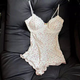 Shopmocho Women Sexy  Floral Print Bodysuit Lace Trim Sleeveless Slim Fit Leotard Summer Jumpsuit Romper Sexy Underwear Nightwear Lingerie