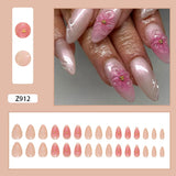 SHOPMOCHO 24pcs White Flower Fake Nail Tips Ins Yellow Pink Blush False Nails Wearable Full Cover European Almond Shaped Press on Nails
