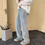 SHOPMOCHO Cross Embroidery Y2k Jeans Mens Straight Denim Pants Casual Vintage Jeans Versatile Fashion Streetwear Spring High Street Pants