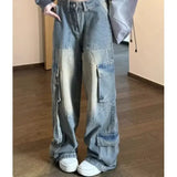 SHOPMOCHO-Female Jean Spliced Pockets Cargo Pants Washed Denim High Waist Full Length Jeans Loose Solid Basics Patchwork Distressed