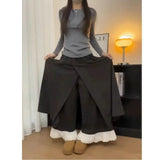 Shopmocho Casual Lace Trim Wide Leg Pants Fake Two-Piece Design Elastic Waist Patchwork Trendy High Waist Nine-Piece Length Polyester F...