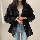 Shopmocho Retro Korean Chic Autumn Utility Jacket Waist Cinching Drawstring Slimming Women's Coat Fake Pocket Design Elegant Style