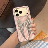 SHOPMOCHO Korean Cute Pink White Stripe Wings Phone Case For iPhone 17 Pro 16 15 Pro Max 17pro 16pro Fashion Shockproof Cover For Girls