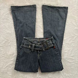 SHOPMOCHO Y2K Vintage Low Rise Flare Jeans Women Harajuku Fashion Pockets Buckle Belt Blue Denim Pants Gothic Hot Girl Slim Fit Trousers