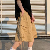 SHOPMOCHO Khaki 7-point Men Summer Thin Japanese Workwear Wide-leg Loose Over-knee Shorts