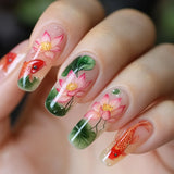 Shopmocho 24pcs/set Medium long fake nails Swan fish flowers for summer season gradient almond square ballet tips press on false nails