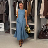 Shopmocho Trendy Women's Summer Denim Dresses Backless Sleevess Long O-Neck Dress Female Vintage Washed Blue Casual Daily Beach Streetwear