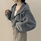 SHOPMOCHO Women's Short Denim Jacket Loose Long Sleeved Casual Fashion Fall  Retro Zipper Design Hoodie Outerwear Versatile Outwear