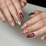 Shopmocho 24PCS Wine Red Almond Press on Nails Cartoon Rabbit Bowknot with Plaid Pearl Designs French Fake Nails for Girls Detachable Nail