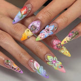 Shopmocho 24Pcs Mid-length 3D Flowers Design Fingertips Sweet Butterfly Yellow Ripple Almond False Nails Detachable Full Cover Press Ons