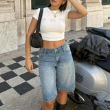 SHOPMOCHO Imcute Y2k Womens Knee Length Denim Shorts High Waist Baggy Jean Shorts Bermuda Shorts Straight Leg Carpenter Shorts
