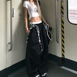 SHOPMOCHO Y2K American Black Retro Hip-Hop Spliced Plaid Belt Hot Girl Loose Casual High Waist Women Wide-Leg Quick-Drying Sweatpants