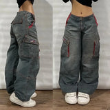 SHOPMOCHO American New Fashion Oversize Pattern Embroidered Baggy Jeans Men Y2K Gothic Harajuku Hip Hop Straight High Waist Wide Leg Pants