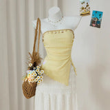 Shopmocho Women Summer Sweet Yellow Slim Fit Knitted Tube Top With Shell Ribbon Decoration Irregular Pleated Side Slit Casual Vacation Top
