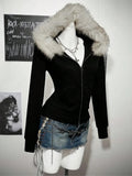 SHOPMOCHOY2K Harajuku Gothic Women's Hoodie Sexy Slim Chic Suede Fur Collar Letter Print Cardigan Sweatshirt  Female Streetwear