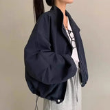 Shopmocho ChicAutumnSimpleVintage Women's Long Sleeve Jacket Loose Fit Casual Versatile Turtle Neck Foldable Design Half Polo Jacket