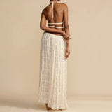 SHOPMOCHO-Women Boho Sexy Backless Matching Suit 2 Piece Beach Holiday Outfits Vintage Ruched Halter Cami Tops + Maxi Long Skirt Party