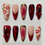 Shopmocho 24pcs Wearable False Nail Strawberry Bow Design Nails Tips Red Short Almond Pearl Starlight Fake Nail Art Flower Press on Nails