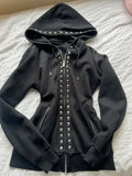 SHOPMOCHO Y2K Silver Rivet Stud Fitted Hoodie Black Zip Up Women Heavy Detail Streetwear Casual Long Sleeve Fashion Pullover Jacket Coat