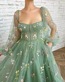 Shopmocho Prom Dresses Green Fairy Puffy Sleeve Lace Embroidery Tulle Formal Evening Party Gown Elegant Tea Lengt Robe De Soiré