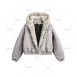 SHOPMOCHO Women American Retro Fur Collar Hooded Thick Padded Jacket 2026 New Slim Fit Short Coat Autumn Winter Cotton‑Padded