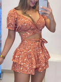 Shopmocho Playsuits Women Print Floral Jumpsuits Shorts Skirts Pants V Neck Short Sleeve Lace Up Tight Waist One Piece Sexy Rompers
