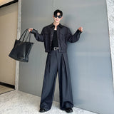 SHOPMOCHO 2025 Autumn Men Casual Two Piece Set Short Lapel cargo Jacket Large Pockets Snap Buttons Loose Straight Leg Pleated Waist Pants