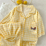 SHOPMOCHO Y2K Embroidery Plaid Dachshund 2PC Set Women's Pajamas Sweet Cute Short Sleeve Shorts Pajamas Lapel Neck New Summer Homewear