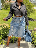 SHOPMOCHO Women's Denim Bermuda Shorts - Ripped Double Waistband Washed Blue Knee Length Jean Shorts, Non-Stretch Casual Relaxed Fit with Pockets, Perfect for Weekend Outings, Daily Leisure & Streetwear
