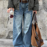 SHOPMOCHO Retro American Rivet Low Waist Straight Leg Denim Jeans Spicy Girl High Street Unique Design Couple Vintage Style Long Trousers